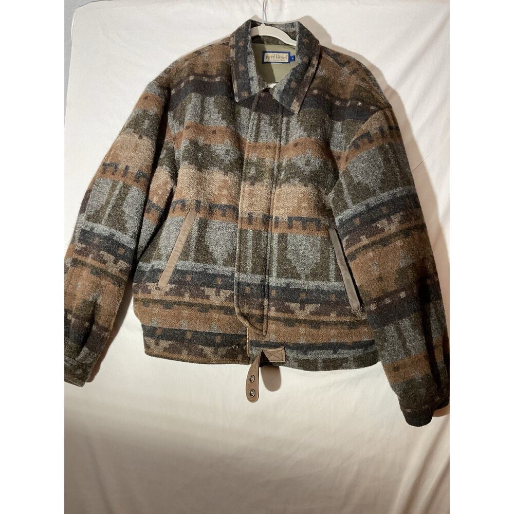 Vintage RUFF HEWN Men’s Wool Leather Aztec YELLOWSTONE Coat Bomber Jacket LG.